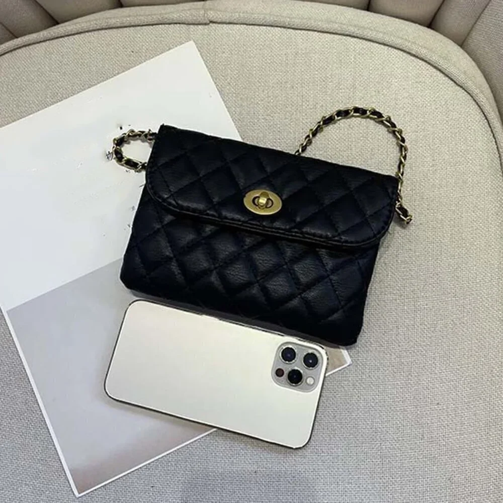 Black Fashionable Women's Rhombic Embroidery Detachable Chain Mini Shoulder Bag